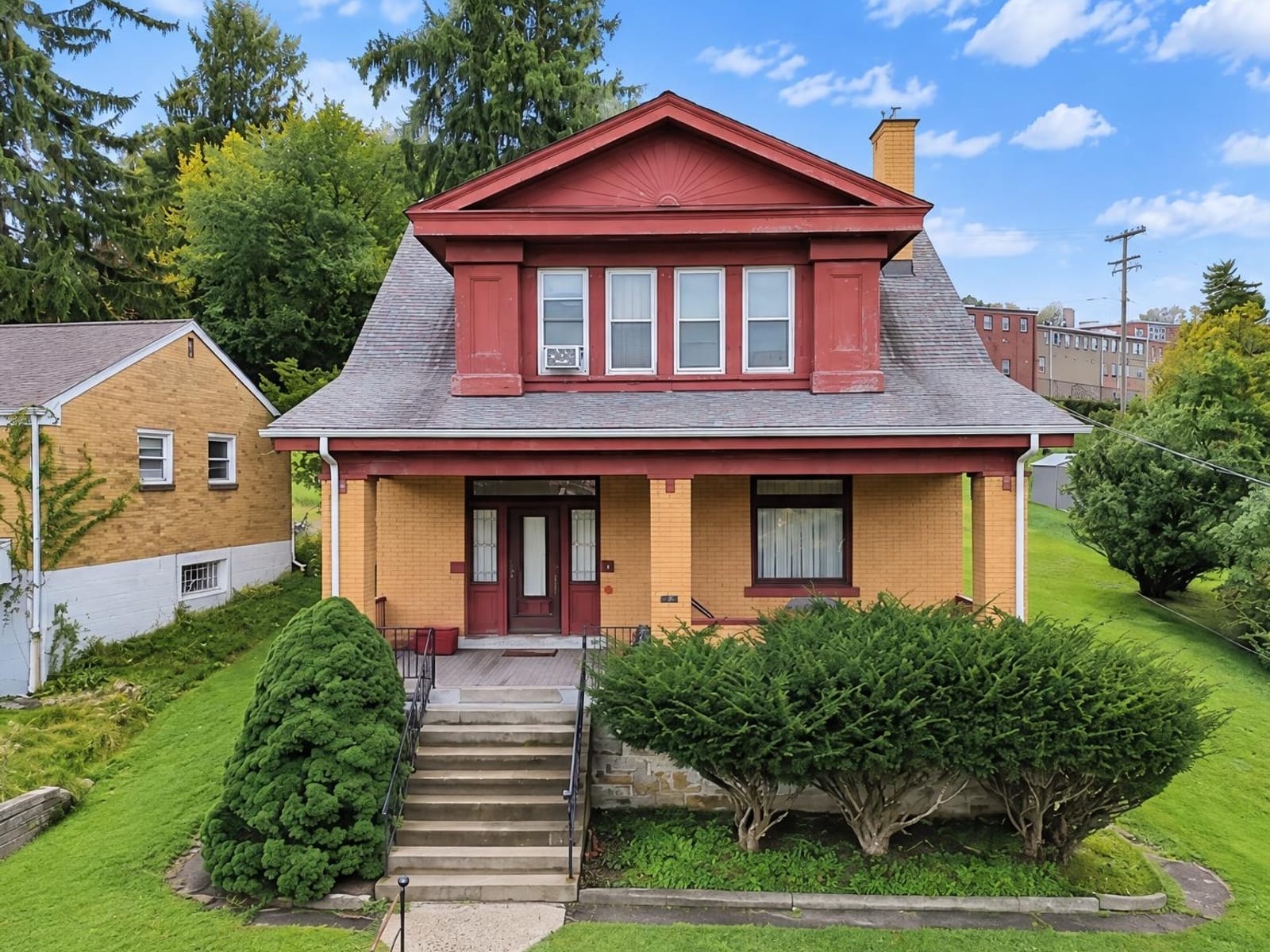 Enhanced: the house front, bright, with a clear blue sky